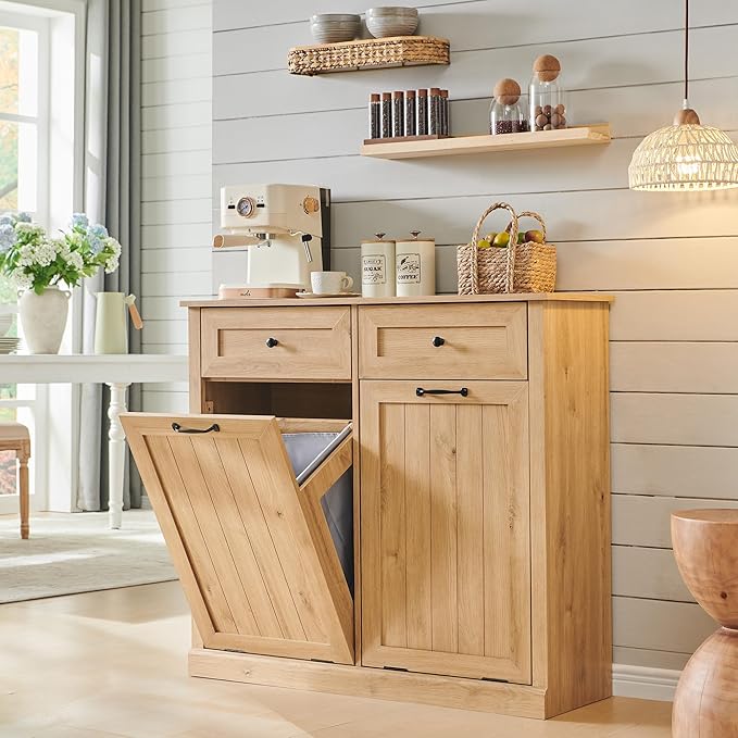 IFBUY Double Tilt Out Laundry Hamper Cabinet, 20 Gallon Farmhouse Trash Can Cabinet with Drawer, Hidden Wood Garbage Can Bin Cabinets with Laundry Storage Basket for Bathroom, Kitchen (Natural)