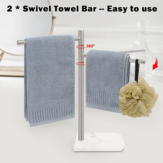 Standing Hand Towel Holder, Hand Towel Stand with Marble Base, 304 Stainless Steel Towel Rack with 2 Swivel Arm, Countertop Stand Towel Ring Towel Bar for Bathroom (Brushed Nickel