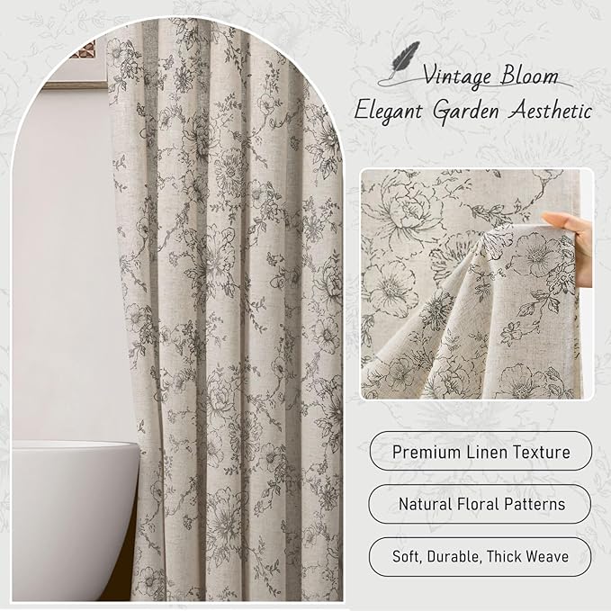 Farmhouse Floral Linen Shower Curtain, Vintage Grey Pattern Rustic Shower Curtains for Bathroom, Tan Taupe,Gray,72x84