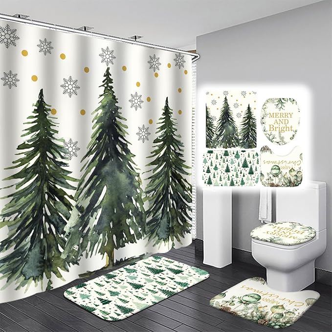 Drydiet 4 Pcs Christmas Shower Curtain Set Bathroom Decoration Non Slip Rugs Mat Toilet Lid Cover Shower Curtain for Xmas Holiday Farmhouse Home Bathroom Decor(Green Christmas)