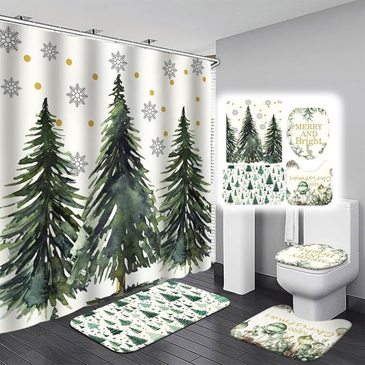 Drydiet 4 Pcs Christmas Shower Curtain Set Bathroom Decoration Non Slip Rugs Mat Toilet Lid Cover Shower Curtain for Xmas Holiday Farmhouse Home Bathroom Decor(Green Christmas)
