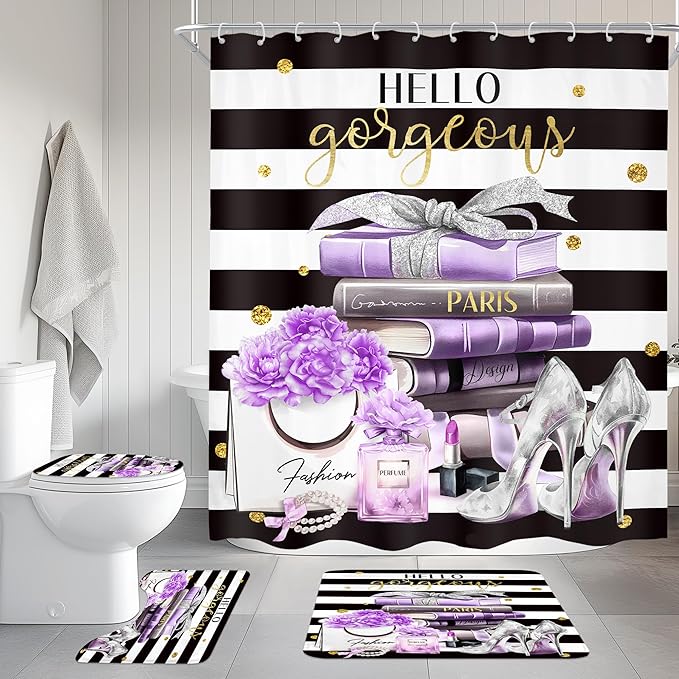 Cinbloo 4Pcs Black and Purple Shower Curtain Set,High Heels Perfume Striped Bathroom Curtain with Rug, Toilet Lid Cover, Bath Mat, Modern Floral Flower Magazine Books Shower Curtain with 12 Hooks