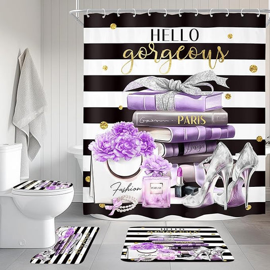 Cinbloo 4Pcs Black and Purple Shower Curtain Set,High Heels Perfume Striped Bathroom Curtain with Rug, Toilet Lid Cover, Bath Mat, Modern Floral Flower Magazine Books Shower Curtain with 12 Hooks