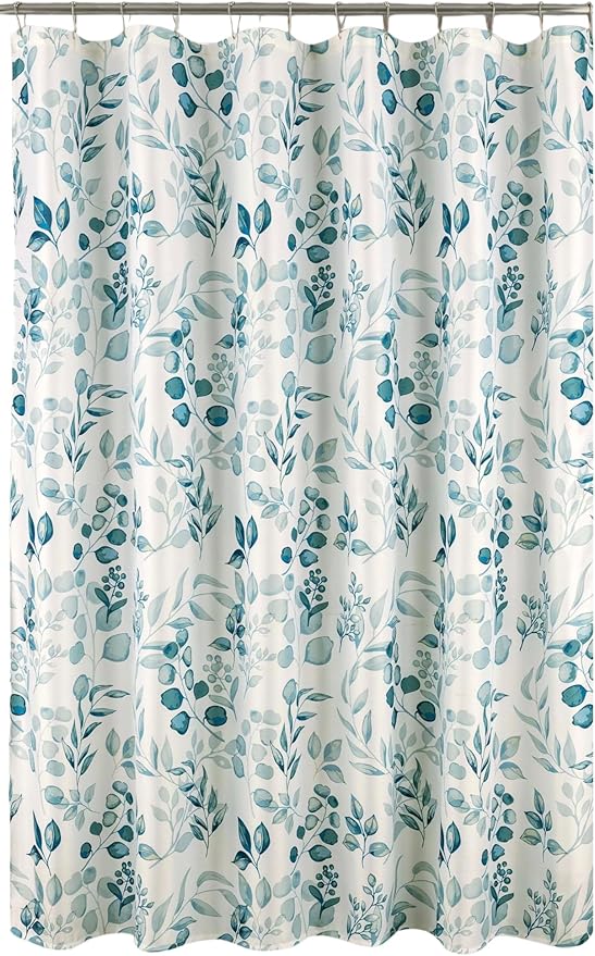 Serafina Home Hotel Quality Fabric Bathroom Shower Curtain: Floral Leaf Damask - Teal, Green and White (72 x 70 inches)