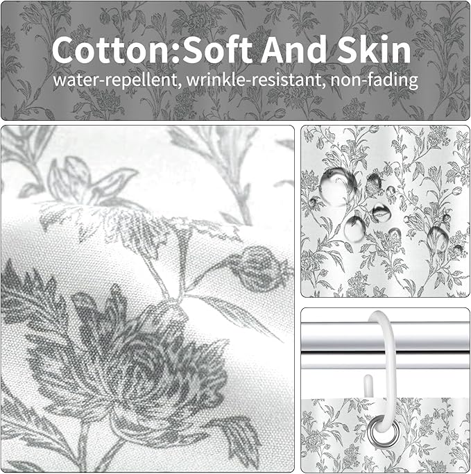 Seorsok Grey Shower Curtain,Sage Cotton Floral Cottagecore,Elegant Floral Fabric Shower Curtain Machine Washable Waterproof Bathroom Decor 36'Wx72'L inches