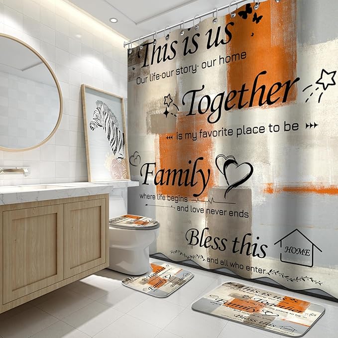 Lnond 4Pcs Bathroom Shower Curtain Sets with Rugs, Orange Brown Motivational Home Family Bathroom Sets with Shower Curtain and Rugs and Accessories