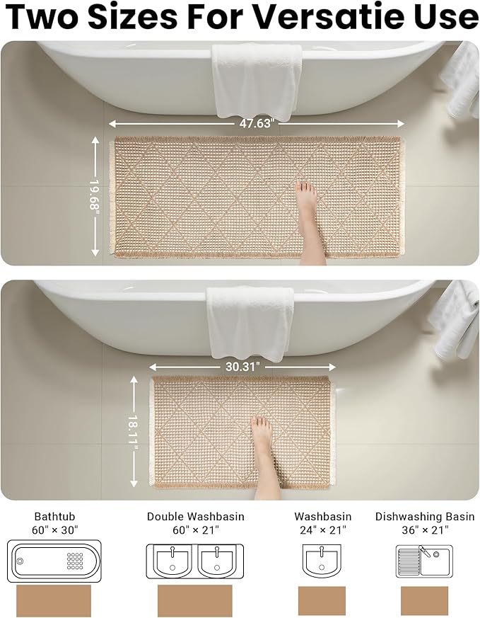 Waffle Bath Mat Set, Non Slip Bathroom Rugs Sets 2 Piece, Ultra Absorbent Long Bath Rug Runner for Bathroom Boho Chic Decor, Machine Washable Floor Mats, Brown & White, 20"×47" Plus 18"×30"