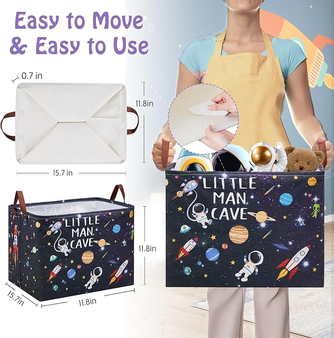 Astronaut Rockets Nursery Laundry Hamper,Space Storage Basket with Inspirational Quotes,Planets Boy Room Decor Shelf Basket ,Rectangular Clothes Book Toy Storage Bin (Black)