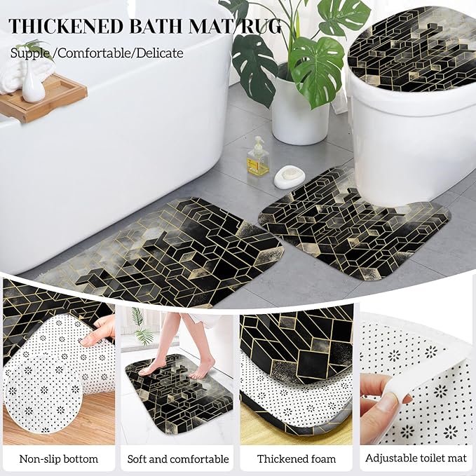 Lnond Black Bathroom Set, Black Abstract Cubes Bathroom Accessories Sets Complete, Luxury Restroom Set with Shower Curtain and Rugs, Trash Can, Toilet Brush Holder Set & Soap Dispenser