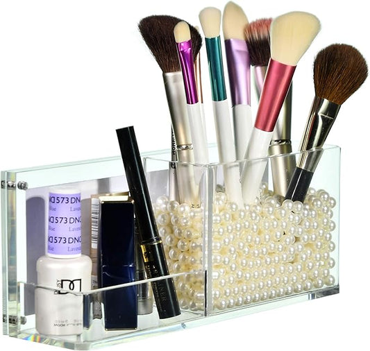 AMT CLEAR Acrylic Make Up Organizer, Business License Frame for Cosmetology or Other Businesses, Makeup Brush Holder, Pen Holder,Business Card Display (Cream)