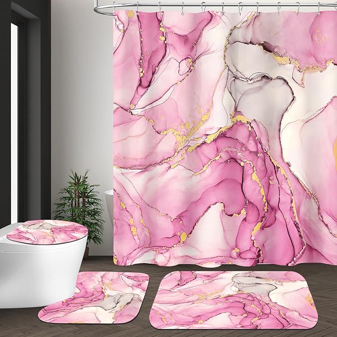 4PCS Pink Gold Marble Bathroom Sets with Shower Curtain and Rugs, Hot Pink Shower Curtain Sets with Rugs, Modern Bathroom Curtains Shower Set with Toilet Lid Cover