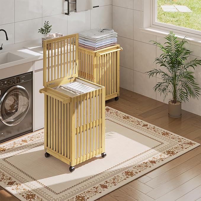 HOOBRO Laundry Hamper with Lid and Wheels, 120 L (31Gal) Double Laundry Basket, Bamboo Clothes Hamper with Handles and Removable Liner, for Laundry Room, Bathroom, Bedroom, Natural YL60XY01