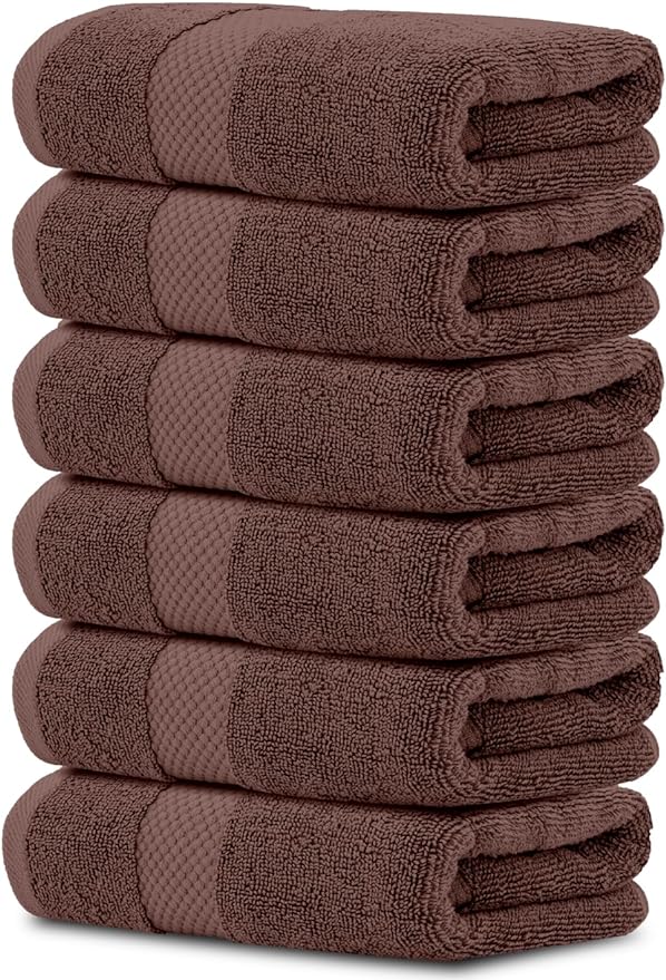 White Classic Luxury Brown Hand Towels - Soft 100% Turkish Cotton | Highly Absorbent Hotel spa Bathroom Towel Collection | 16x30 Inch | Set of 6