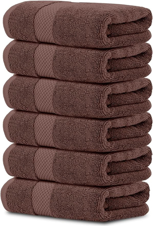 White Classic Luxury Brown Hand Towels - Soft 100% Turkish Cotton | Highly Absorbent Hotel spa Bathroom Towel Collection | 16x30 Inch | Set of 6