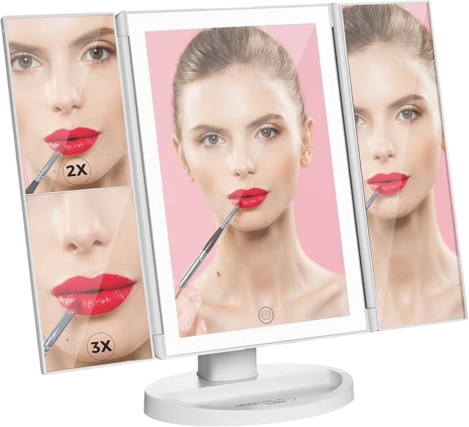 Luvly Trifold Vanity Mirror with LED Lights | Touch Screen Dimming - 1x 2X 3X Magnification - Portable Makeup Mirror