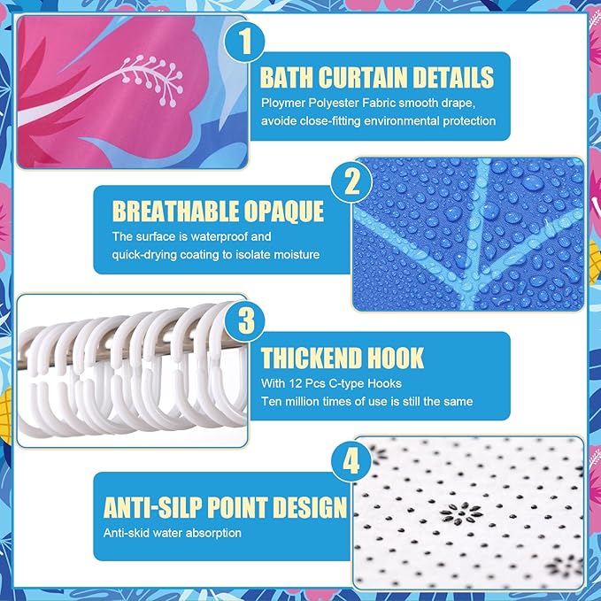 Nuanchu 6 Pcs Hawaiian Shower Curtain Set with Rug Blue Pink Flower Hibiscus Bathroom Sets with Shower Curtain Bath Mat U Shaped Mat Toilet Lid Cover 2 Bath Towels and 12 Hooks Hawaiian Bathroom Decor