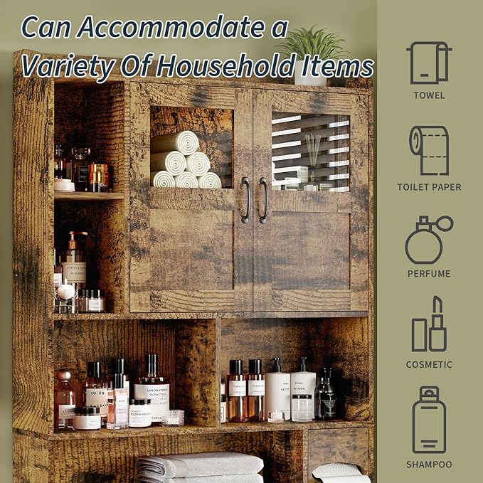 Farmhouse Style Over Toilet Storage Cabinet, 67" Tall Bathroom Organizer Unit with Sliding Barn Doors & Open Shelving for Bathroom, Neutral Wood Grain Finish