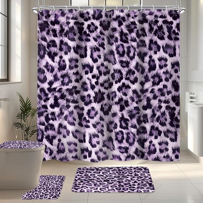 LIGHTINHOME 4 PCS Black Purple Leopard Shower Curtain Set 72Wx72H,Toilet Lid Cover,Non-Slip Rugs and U-Shaped Mat,Wild Cheetah Bathroom Sets with Rugs Shower Accessories 12 Hooks for Bathroom Decor