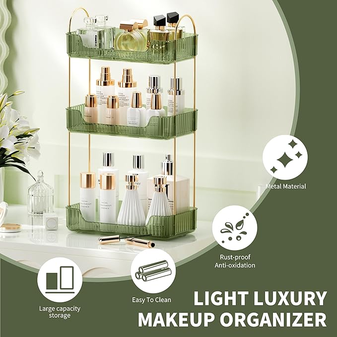CESTATIVO Bathroom Counter Organizer, Green, Stainless Steel, 11.8" L x 6.7" W x 18.9" H, Modern Metal Handles, Smooth Edges, Large Capacity, Minimalist Design, Ideal Gift