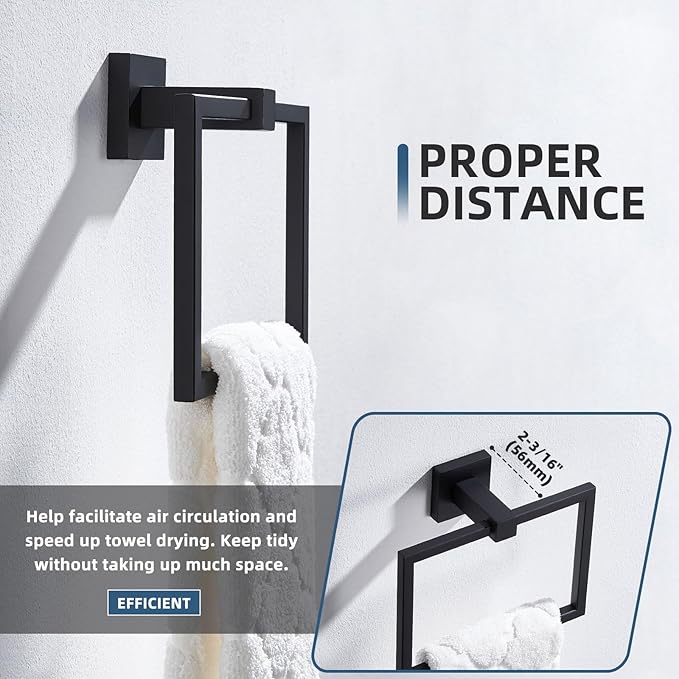 Angle Simple Square Towel Ring Matte Black, SUS 304 Stainless Steel Bathroom Swivel Hand Towel Holder Rack 7.09 Inches, Wall Mount