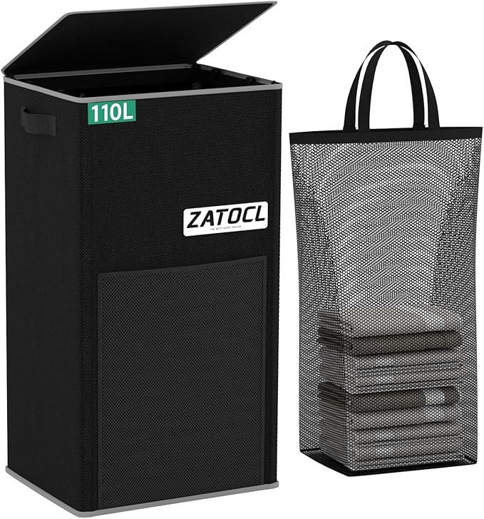 110L Laundry Hamper with Lid with Washing Bag & Front Mesh Bag, Large & Tall Laundry Basket, Collapsible Dirty Clothes Hampers for Bedroom Aesthetic, Bathroom, Dorm, Laundry Room - Easy Carry, Black