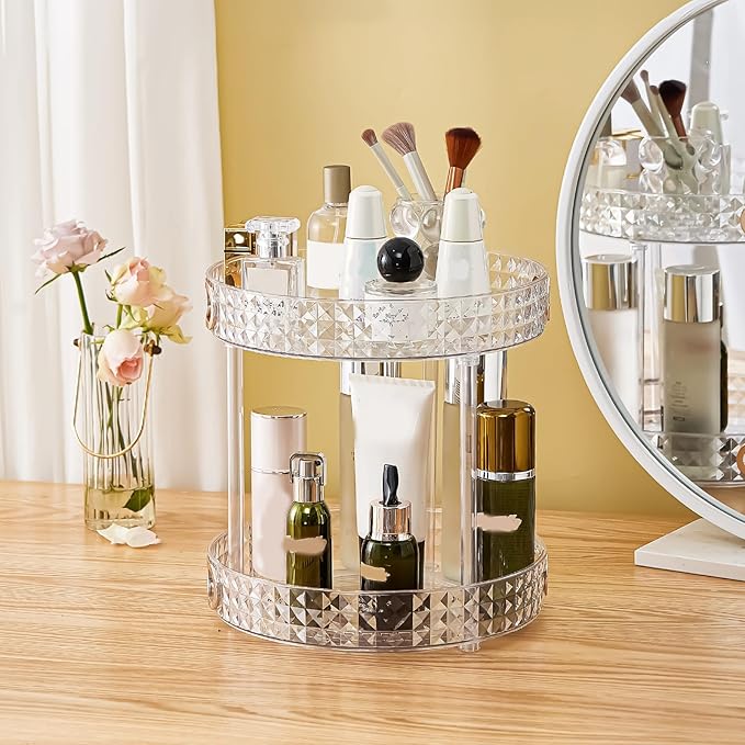 360?? Rotating Makeup Organizer, 2 Tier Large Perfume Organizers with Portable Handle for Vanity Bathroom Countertop, Bathroom Counter Organizer for Cosmetics Skincare Perfume