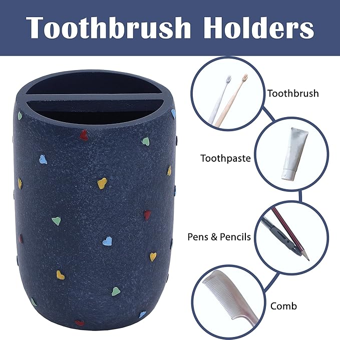 YMXYJM - Bathroom Accessories Sets 4-Piece, Premium Pastel Heart Bathroom Accessory Complete Set - Toothbrush Holder, Lotion Soap Dispenser, Vanity Tray, Bathroom Tumbler for Countertop Vanity, Blue