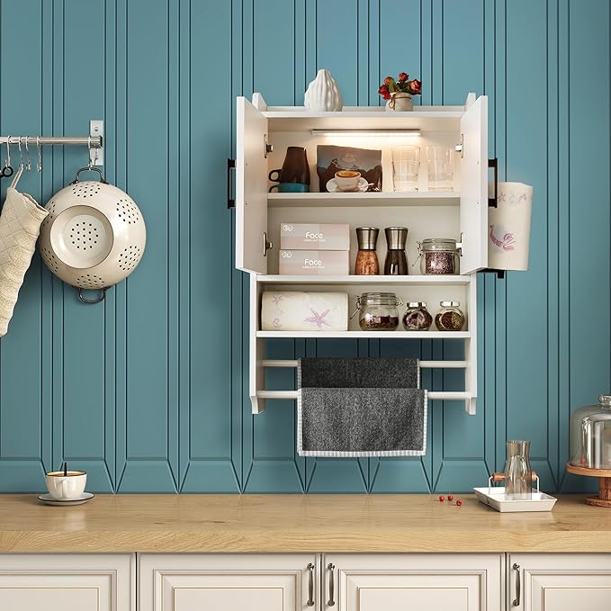VANIRROR Bathroom Wall Cabinet with Door, Over The Toilet Wood Hanging Medicine Cabinets with DIY Lighting for Laundry Room Kitchen Storage