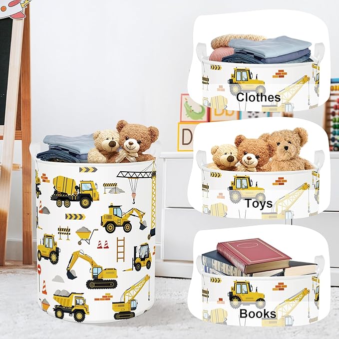 Cars Laundry Hamper Cartoon Vehicle Large Storage Basket Collapsible Parents Organizer Boy Toy Clothes Bins for Bedroom, Bathroom, Engineering, 63L