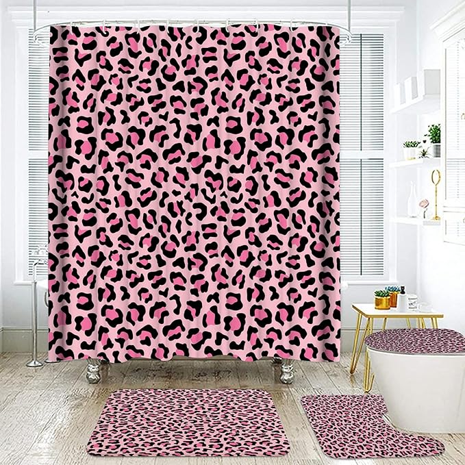 Onalasyc 4 Pcs Leopard Shower Curtain,Cheetah Shower Curtain Bathroom Set,Pink Animal Print Leopard Waterproof Bathroom Sets with Shower Curtain and Rugs,juego de baño,with 12 Pcs Hooks