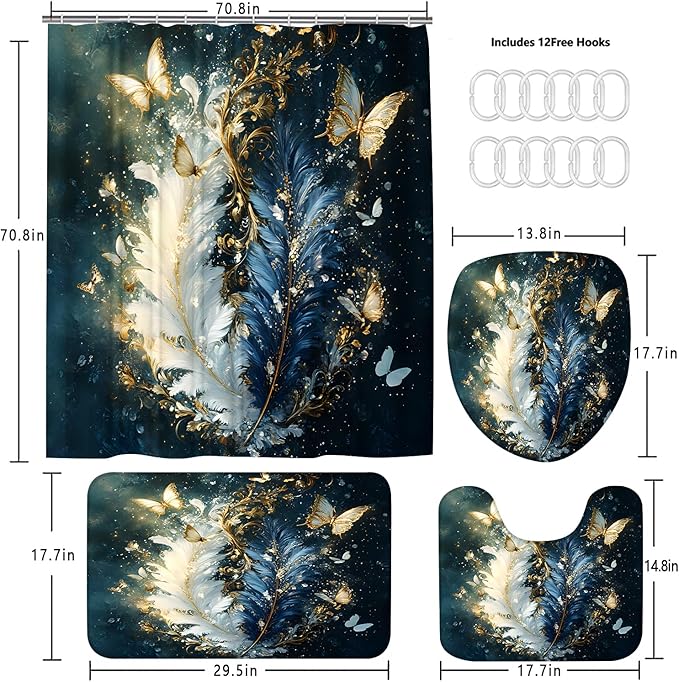 AZHM Luxury Dark Blue Gold Feather and Butterfly Shower Curtain Set 4 PCS Glittery Art Bathroom Decor Set with Non-Slip Rugs, Toilet Lid Cover & Bath Mat