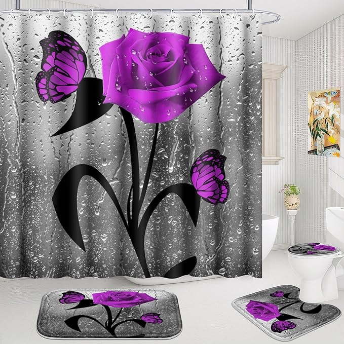 Poedist 4 Pcs Bathroom Shower Curtain Set,Purple Rose Bathroom Set, Shower Curtain Sets with Rugs(Bath Mat,U Shape and Toilet Lid Cover Mat) and 12 Hooks