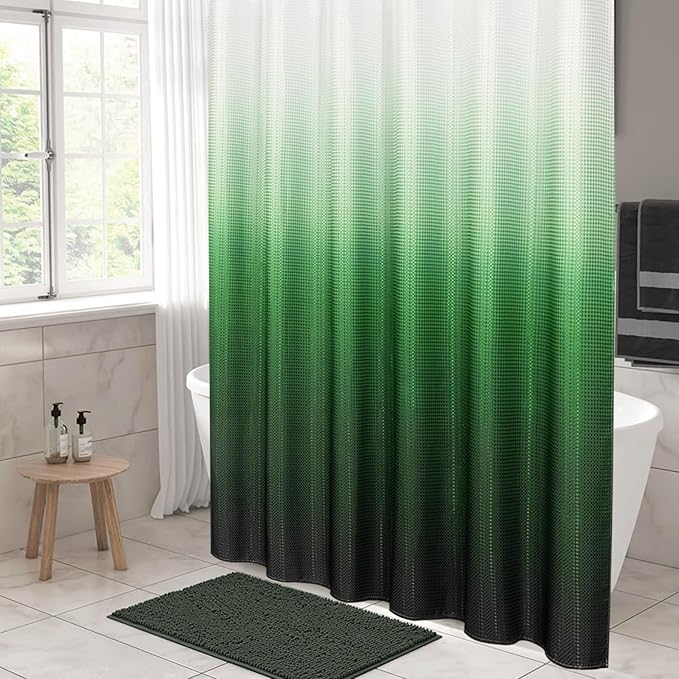 MitoVilla Green Ombre Waffle Small Stall Shower Curtain 36 x 72, Half Size Fabric Narrow Shower Curtains for Bathroom Decor, 36 inch Weighted Shower Curtain Set with Plastic Hooks