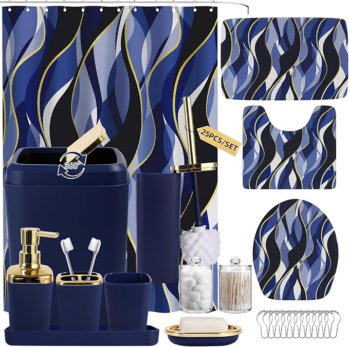 XLHOMO Bathroom Set - Blue and Gold Bathroom Accessories, Bathroom Sets with Shower Curtain and Rugs, Navy Blue Shower Curtain Set with Bathroom Trash Can, Soap Dispenser, Soap Dish for Home Decor