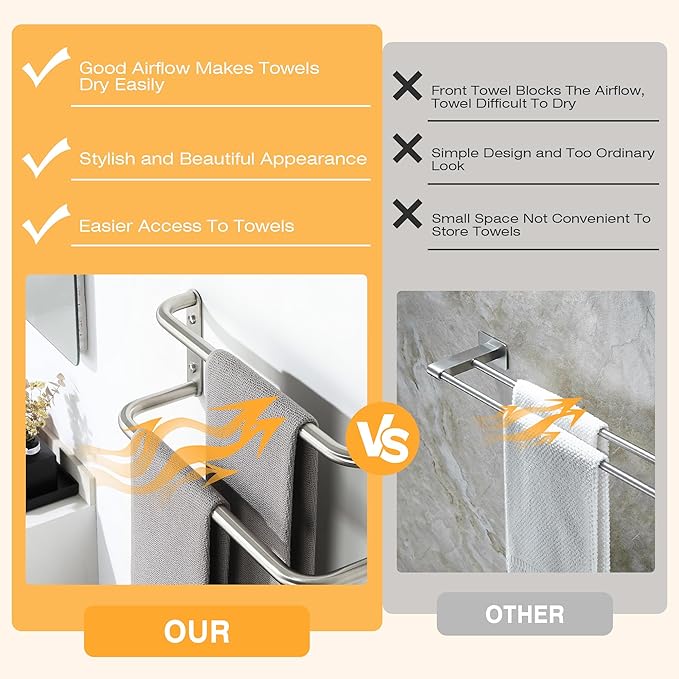 Alise Double Towel Bar,16 Inch Towel Racks for Bathroom, SUS304 Stainless Steel Towel Bar for Bathroom Wall,Quick Drying Bathroom Towel Holder Bath Towel Hanger,Brushed Nickel