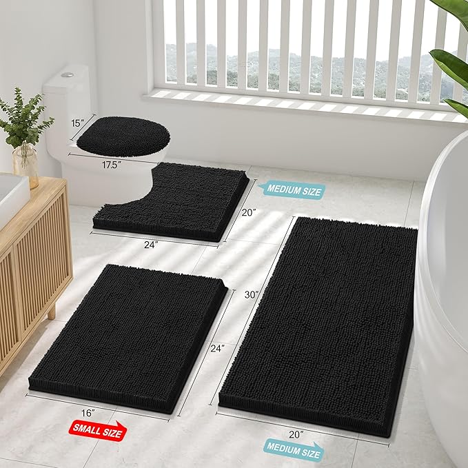 Smiry Luxury Chenille Bathroom Rugs 47x17, Extra Soft and Absorbent Shaggy Bath Mat, Machine Washable, Non-Slip Plush Carpet Runner for Tub, Shower, and Floor, Home Decor Accessories, Black
