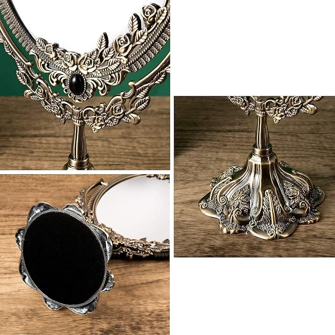 Feyarl 15 inch Vintage Makeup Mirror Floral Tabletop Oval Vanity Mirror with Stand Dressing Room Swivel Double Sided Elegant Decorative Mirror Embossed Frame