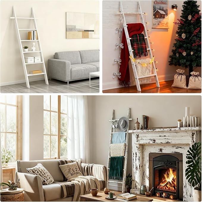 Farmhouse Wooden Blanket Ladder Living Room with Removable Hooks, 6-Tier Blanket Rack Decorative Stand, Leaning Towel Quilt Rack Holder for Bathroom Decor Rustic White