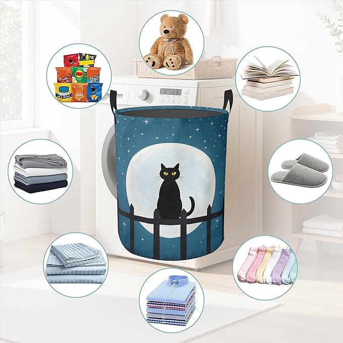 Laundry Basket With Handle, Dirty Clothes Laundry Hamper, Oxford Cloth Bin Storage Organizer for Toy Collection (Starry Night Cat)