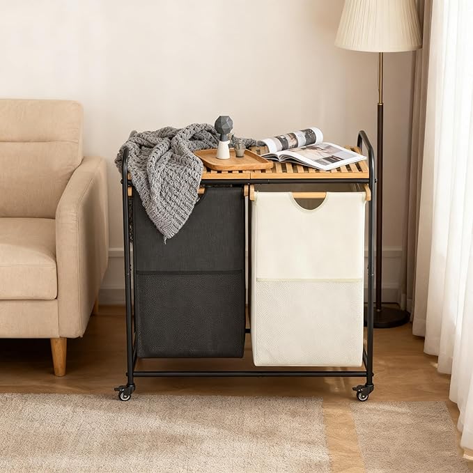 BambooHomie Laundry Sorter 2 Section, Laundry Hampers with Removable Shelf and Pull-Out Bags, Rolling Cart Clothes Hampers Basket with Wheels for Laundry Room Bathroom, 2 x 46 L