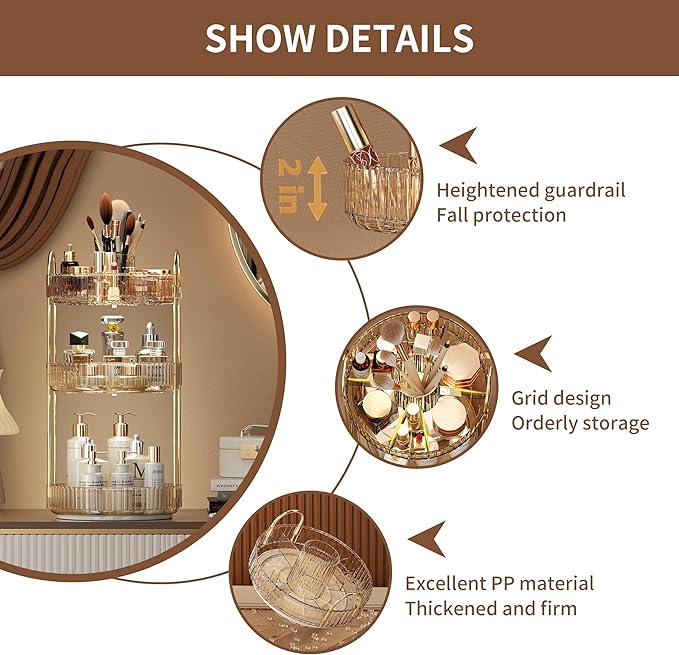 YCIA&DONE Rotating Makeup Organizer for Vanity, Large Capacity Make Up Storage Skin care Shelf Perfume Holders Cosmetic Dresser Organizer Countertop Spinning 360 (Amber Gold, 3Tiers)