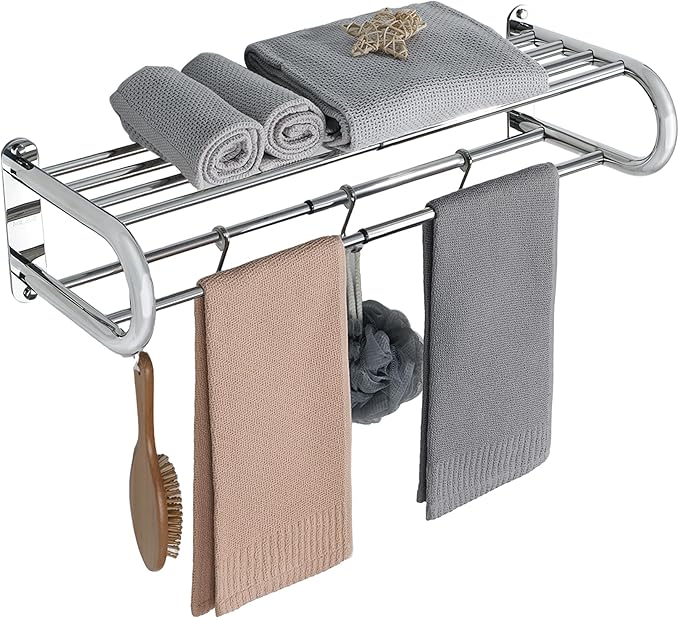 Alise Adjustable 16-28 Inches Double Towel Rack for Bathroom,Wall Mount Double Towel Racks,SUS304 Stainless Steel Towel Holder,Retractable Towel Shelf with 2 Towel Bars 4 Movable Hooks,Chrome