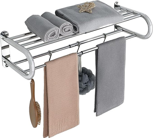 Alise Adjustable 16-28 Inches Double Towel Rack for Bathroom,Wall Mount Double Towel Racks,SUS304 Stainless Steel Towel Holder,Retractable Towel Shelf with 2 Towel Bars 4 Movable Hooks,Chrome