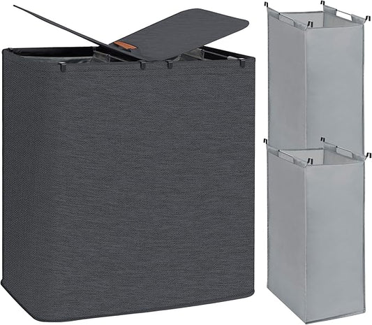 STORAGE MANIAC Double Laundry Hamper, 136L Laundry Sorter with Lid and Removable Bags, Clothes Hamper, Large 2 Section Clothes Basket with Handles for Small Space, Dorm, Closet, Bathroom, Black
