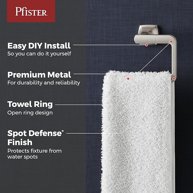 Pfister Vaneri Towel Ring, Hand Towel Holder for Bathroom, Wall-Mounted, Screw-In, Spot Defense Brushed Nickel Finish, BRBVRI0GS