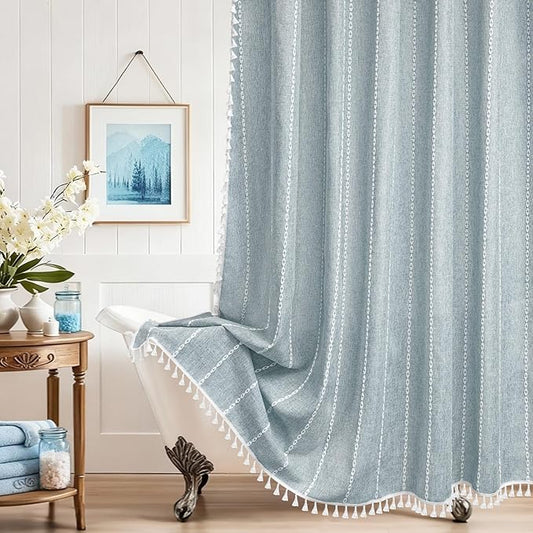 Boho Chic Shower Curtain Heavyweight with Tassels, 72 x 72 inch Sky Blue Linen Textured Fabric Shower Curtain, Country Farmhouse Striped Bathroom Decor Curtain Water Repellent