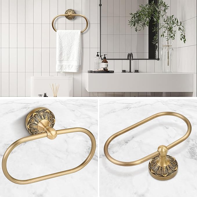 Brass Bathroom Hand Towel Holder, Antique Brass Towel Ring Holder, Vintage Wall Mounted Oval Towel Rack Hanger Home Half Round Bathroom Hardware Accessory