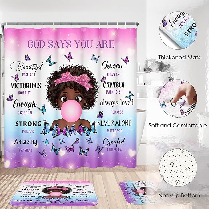 4 Piece Shower Curtain Set, Inspirational Thoughts Waterproof Bathroom Set Accessories with Non-Slip Rugs, Toilet Lid Cover Bath Mat and 12 Hooks, Cute African Black Girl Home Decor 72" x 72"