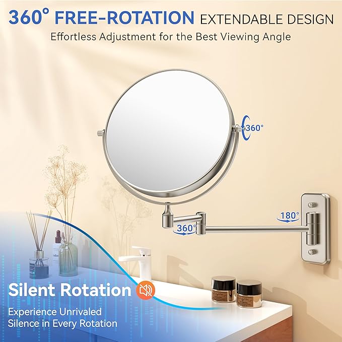 Auxmir 1X/30X Wall Mounted Makeup Mirror, Double-Sided Magnifying Mirror with Tweezers, Bathroom Makeup Mirror, Cosmetic Vanity Mirror with 360 Rotation Extendable Swivel Arm, Nickel
