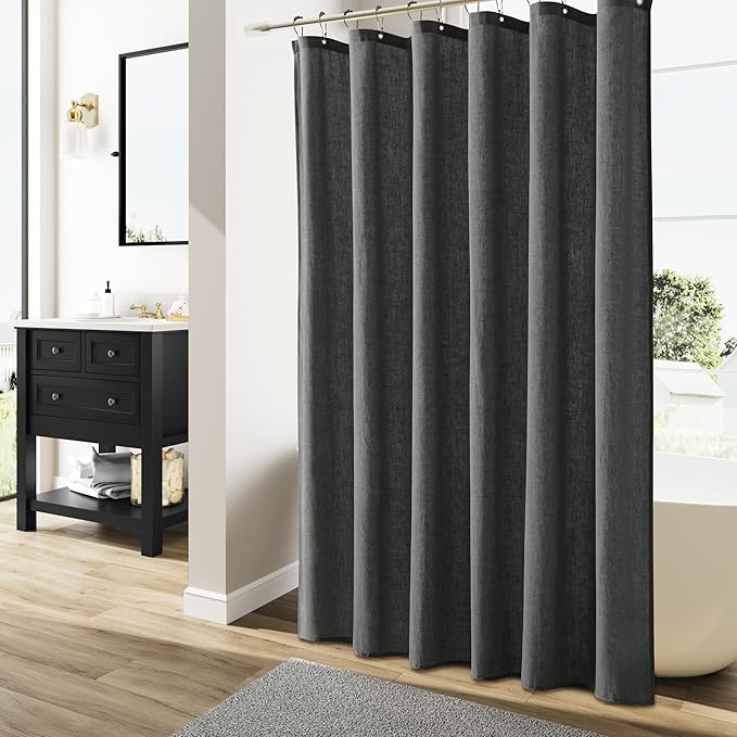 Naturoom Dark Grey Linen Shower Curtain, Country Boho Farmhouse Bath Decor Shower Curtains Neutral Cloth Weighted Textured Fabric Bath Curtain Liner with Hooks, 72x72